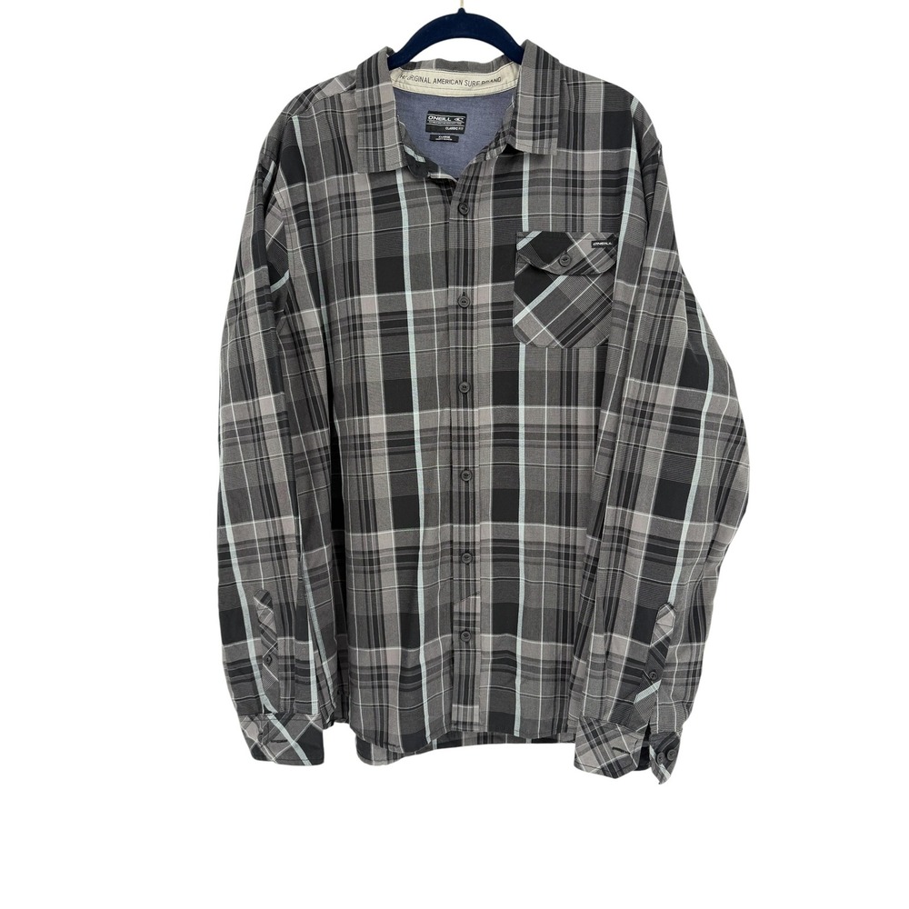 ONeill Mens XL Plaid Long Sleeve Button Down Shirt Black Grey Classic Fit Pocket